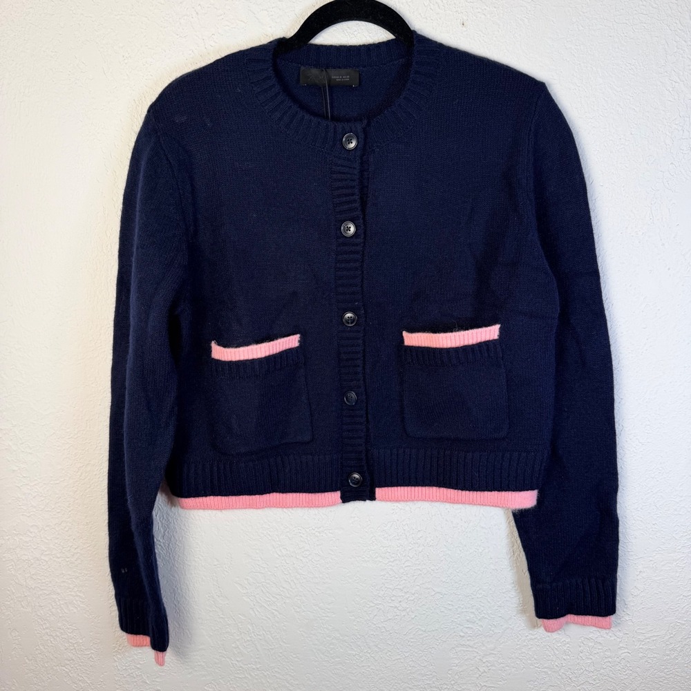NEW $50 Zara Women's M Navy Pink Trim Cropped Wool Blend Cardigan Preppy